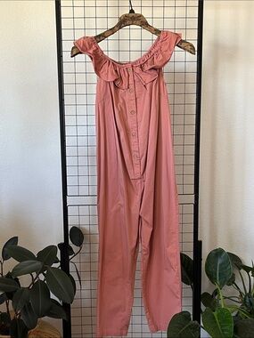 The Nines by HATCH Rose Pink Off-Shoulder Button-Front Jumpsuit